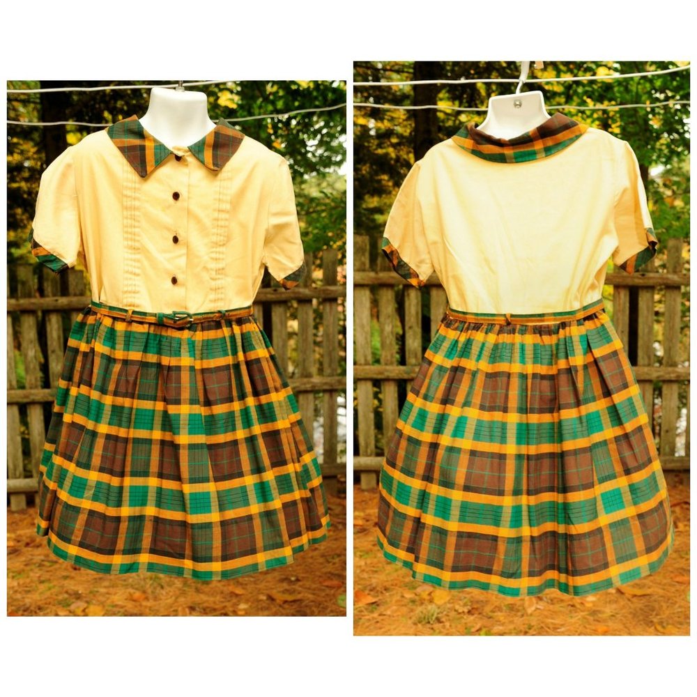 VTG Vintage Girls Ivory Green & Brown MacLaren Plaid Dress